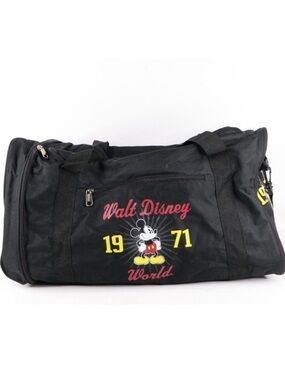 Walt Disney 1971 Black Mickey Graphic Bag Gym Travel Duffel 20” x 15” x 12”